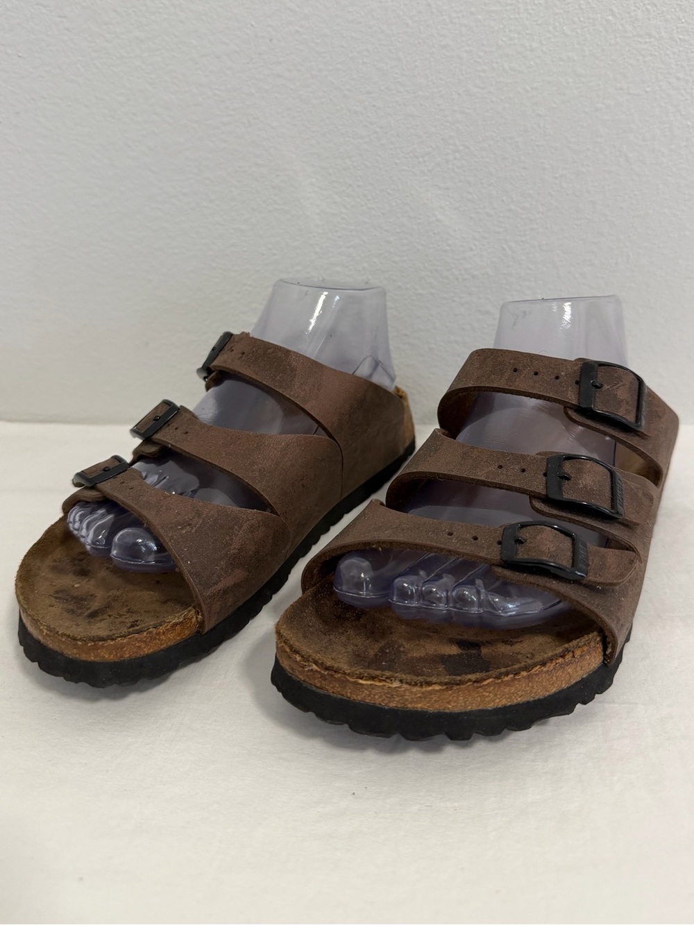 Birkis Florida slide sandals triple strap brown adjustable buckle size 7